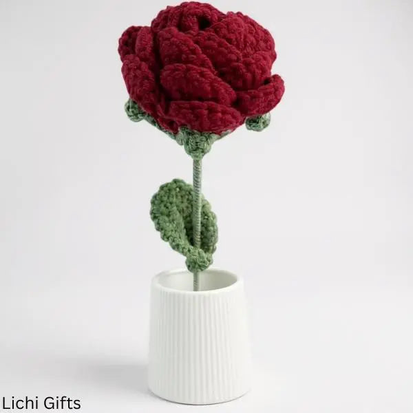 Handmade Crochet Rose – Knitted Faux Flower Gift – Preserved Look for Girlfriend Lover Office Home Décor - Long Stem Rose Lichi Gifts