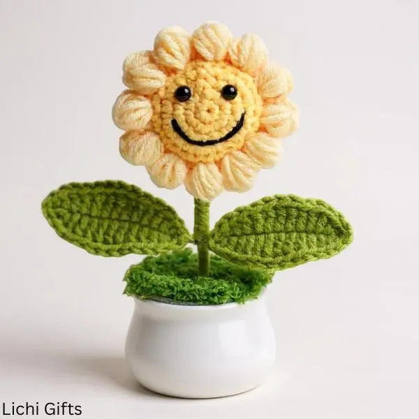 Crochet Sunflower Pot – Smiling Handmade Woven Flower - Cute Artificial Sunflower Potted Plant - Eternal Desk or Home Décor Gift