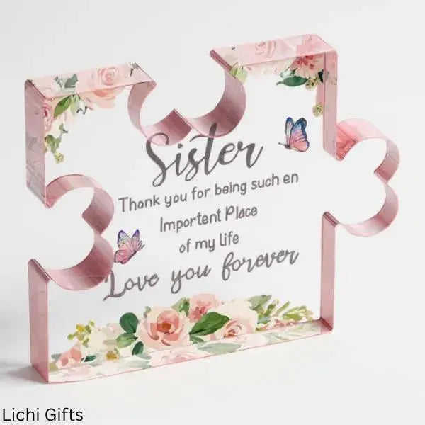 Unique Sister Gifts – Pink Acrylic Puzzle Plaque – Love Theme Decorative Sign for Tabletop or Shelf Display Lichi Gifts