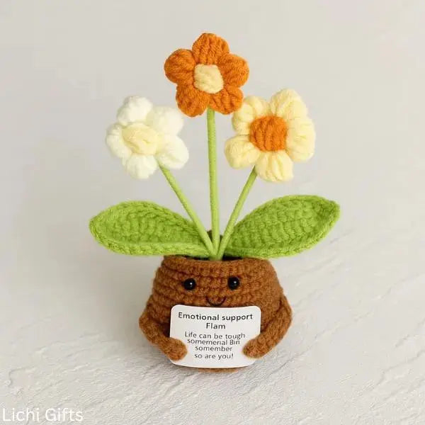 Positive Flower Crochet – Emotional Support Plush – Potted Crochet Lily With Positive Card For Comfort Encouragement - Handmade Support Toy Lichi Gifts