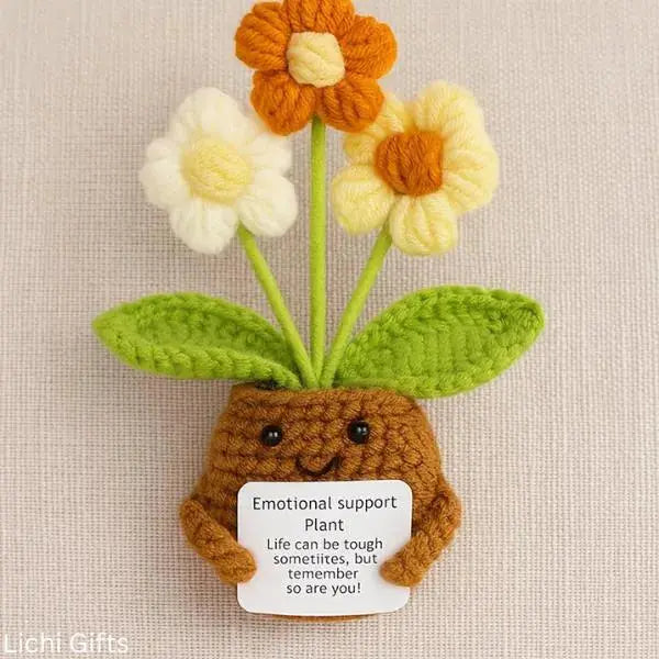 Positive Flower Crochet – Emotional Support Plush – Potted Crochet Lily With Positive Card For Comfort Encouragement - Handmade Support Toy Lichi Gifts