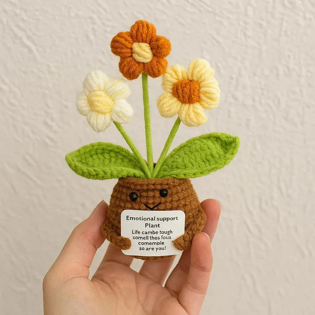 Positive Flower Crochet – Emotional Support Plush – Potted Crochet Lily With Positive Card For Comfort Encouragement - Handmade Support Toy Lichi Gifts