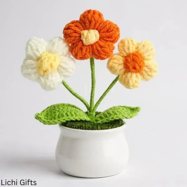 Orange Sunflower – Crochet Flower Pot – Handmade Knitted Mini Plant Décor for Car Desk Home Ornament Display - Crochet Ornament Lichi Gifts