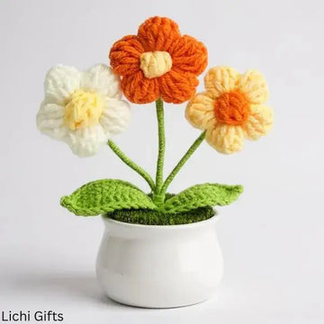 Orange Sunflower – Crochet Flower Pot – Handmade Knitted Mini Plant Décor for Car Desk Home Ornament Display - Crochet Ornament Lichi Gifts