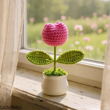 Crochet Tulip Pot – Hand-Woven Faux Flowers – Eternal Mini Tulip Décor for Office - Kitchen 75 Living Room Tabletop Display