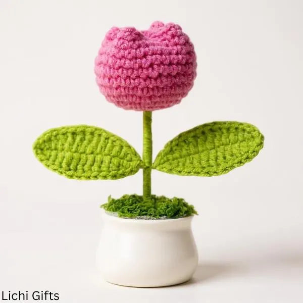 Crochet Tulip Pot – Hand-Woven Faux Flowers – Eternal Mini Tulip Décor for Office - Kitchen 75 Living Room Tabletop Display