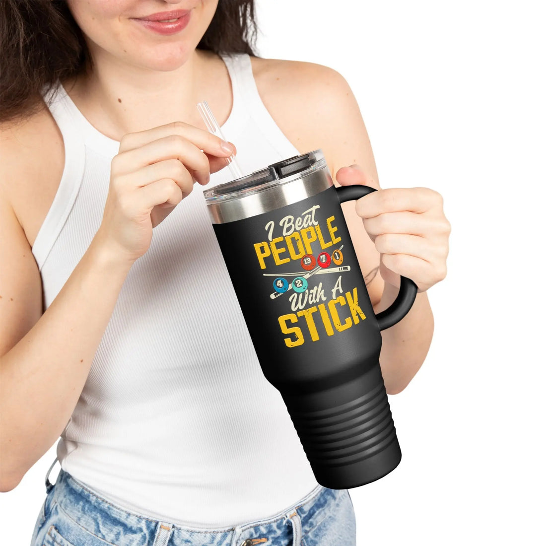 Funny Insulated Travel Mug, 40oz | I Beat People with a Stick | Humorous Gift for Coffee Lovers, Travel Enthusiasts, Unique Cup for [...] Printify