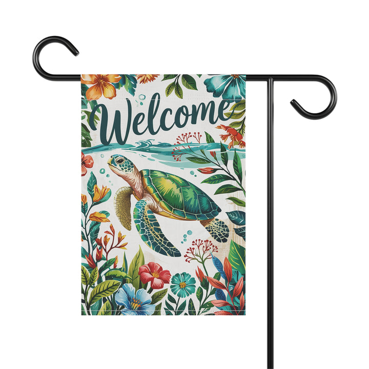Tropical Welcome Banner for Garden Decor, Floral Housewarming Gift, Outdoor Sign, Summer Decoration, Garden Flag, Turtle Art