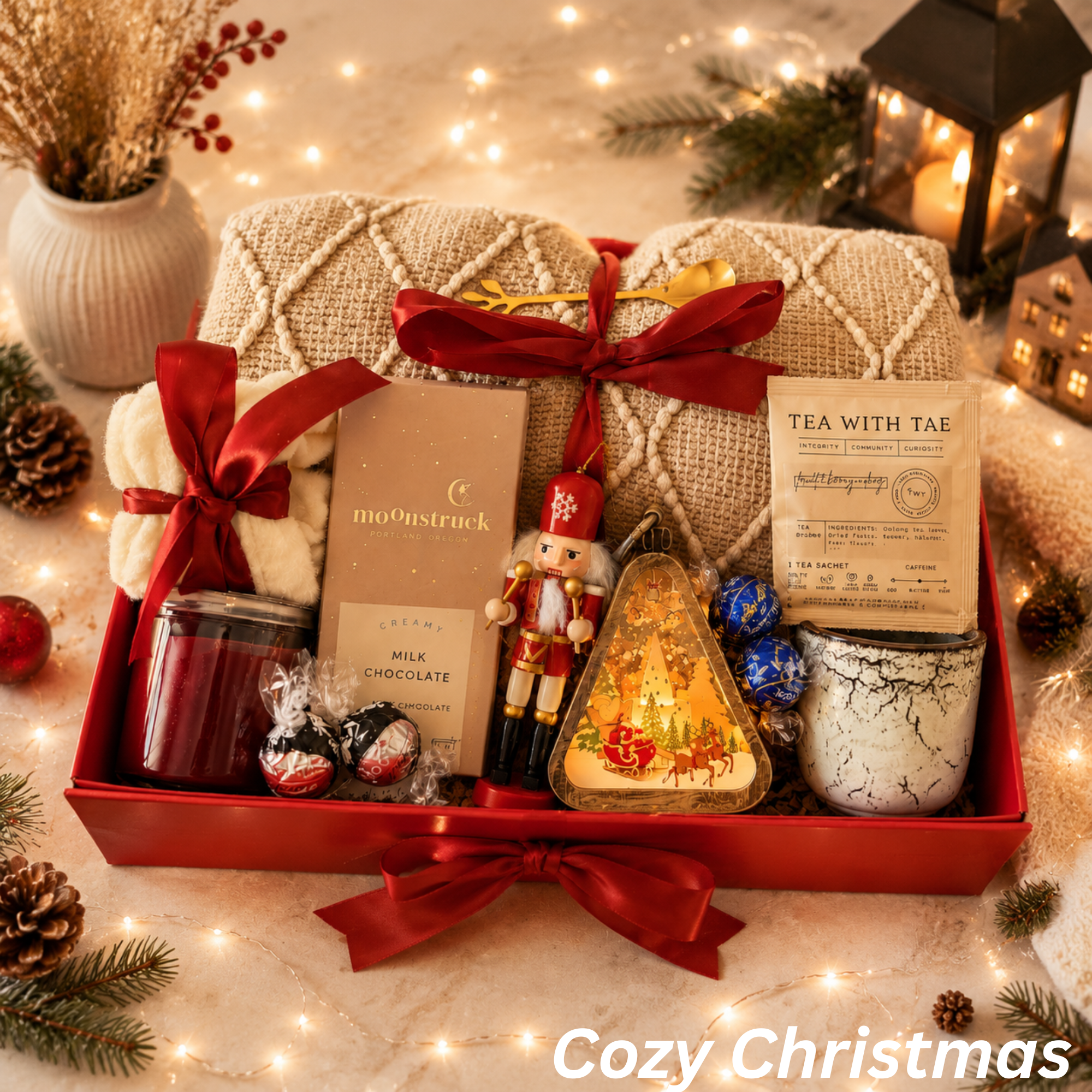 Cozy Christmas Gift Box – Blanket, Tea & Chocolate
