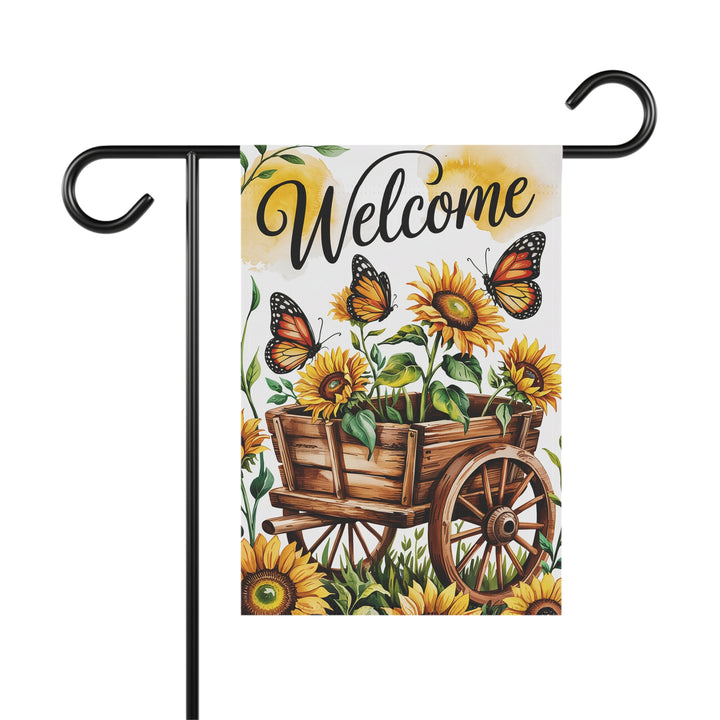 Sunflower & Butterfly Welcome Garden Flag – Rustic Wagon Outdoor Decor
