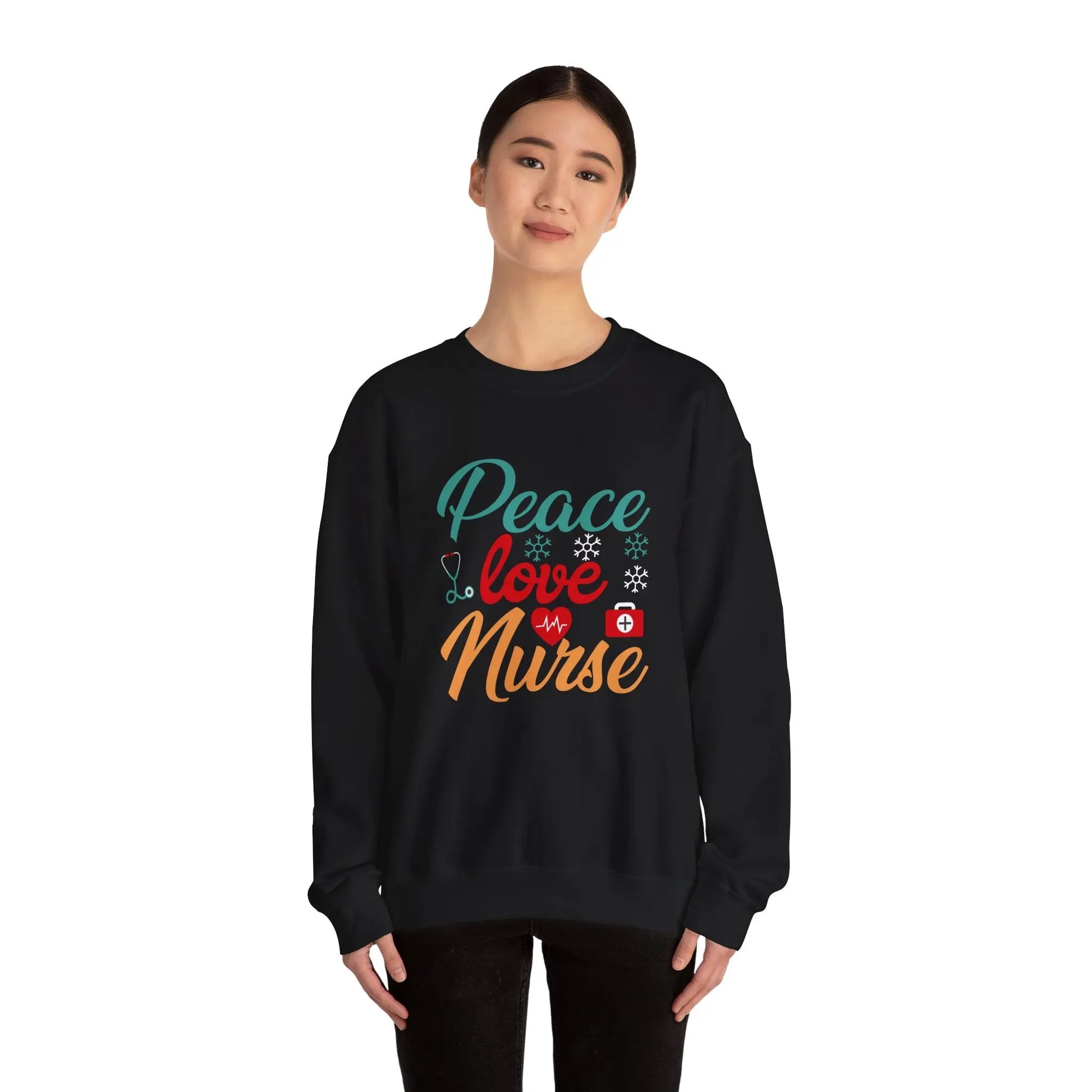 Peace, Love, Nurse Sweatshirt | Unisex Crewneck, Gift for Nurses, Cute Medical Apparel, Holiday Sweatshirt, Nurse Appreciation Printify