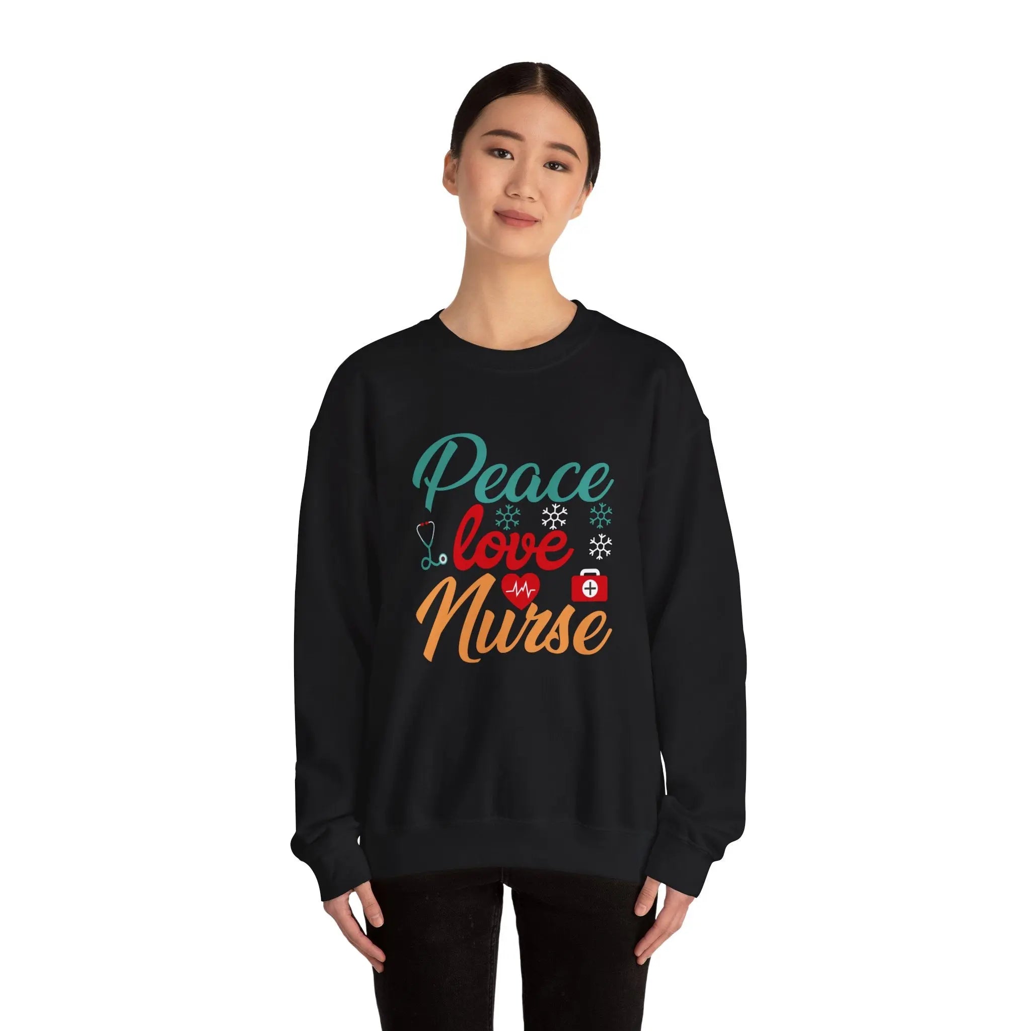 Peace, Love, Nurse Sweatshirt | Unisex Crewneck, Gift for Nurses, Cute Medical Apparel, Holiday Sweatshirt, Nurse Appreciation Printify