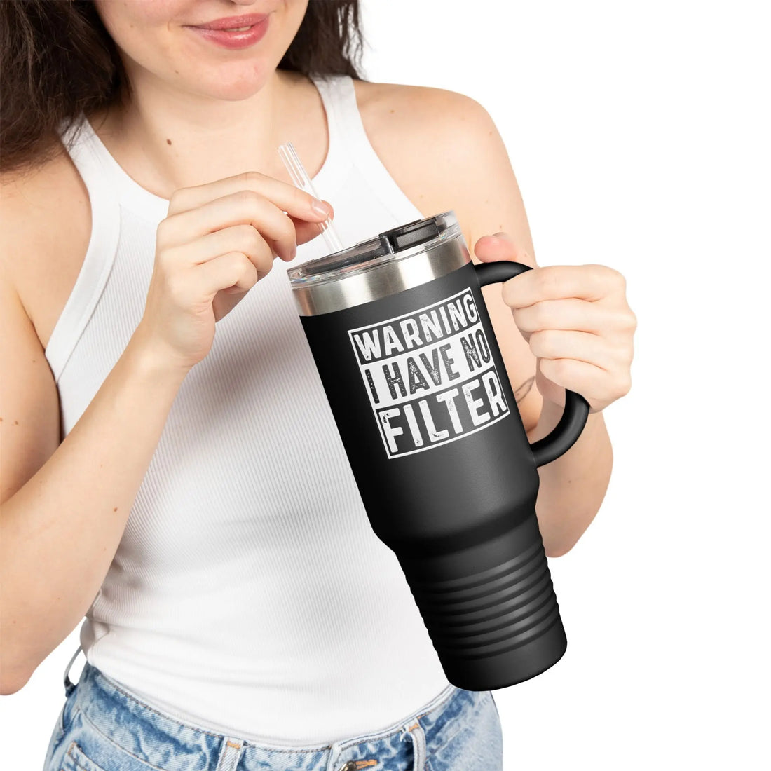 Funny Insulated Travel Mug, 40oz - Perfect for Coffee Lovers, Warning I Have No Filter, Humor Gift for Friends, Travel Accessories, [...] Printify