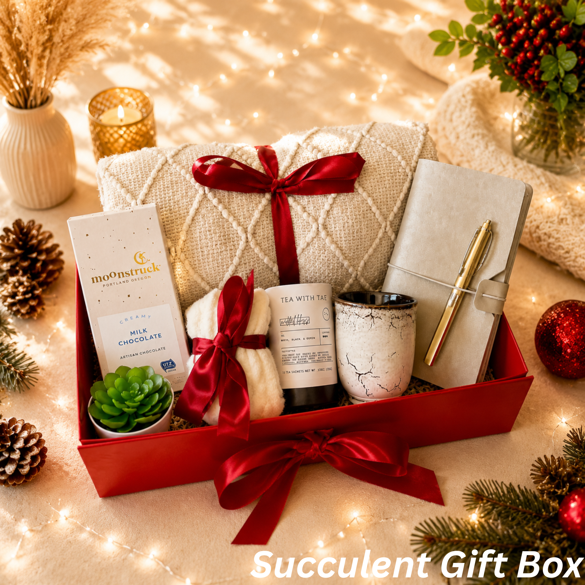 Succulent Gift Box – Cozy Blanket, Journal, Tea & Chocolate