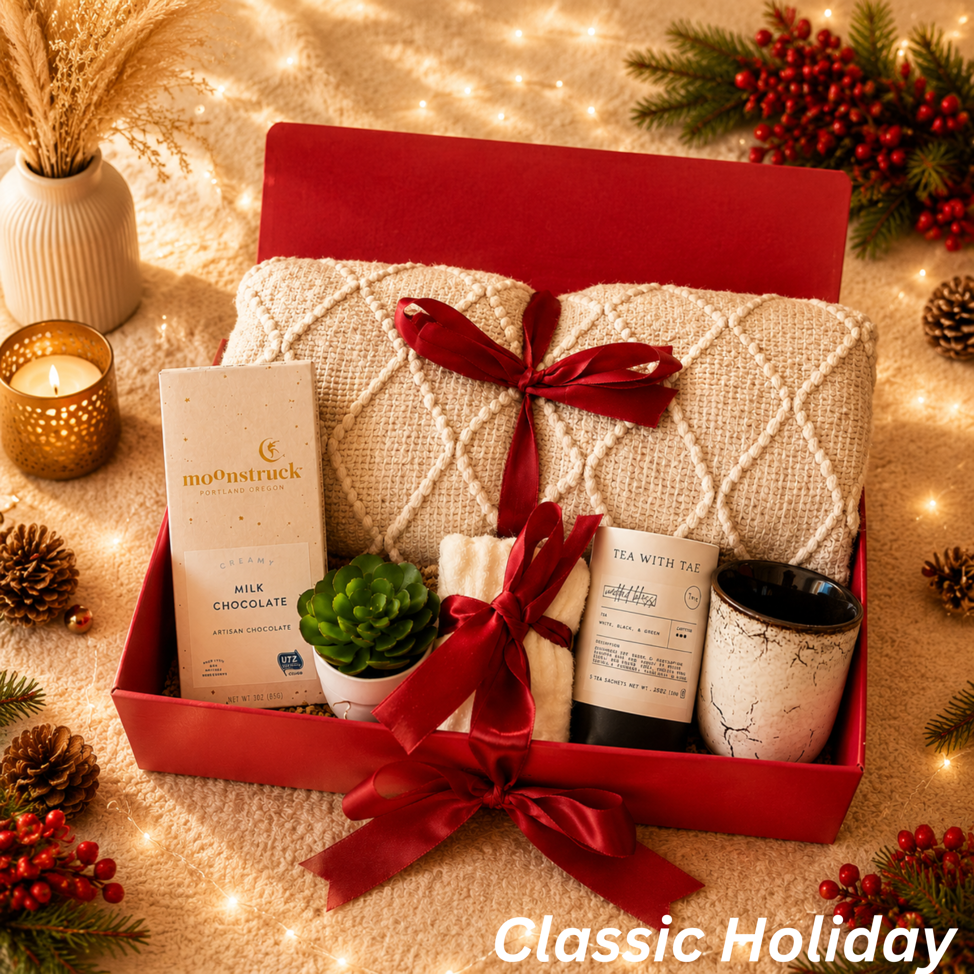 Holiday Gift Box – Cozy Blanket, Tea, Chocolate & Succulent