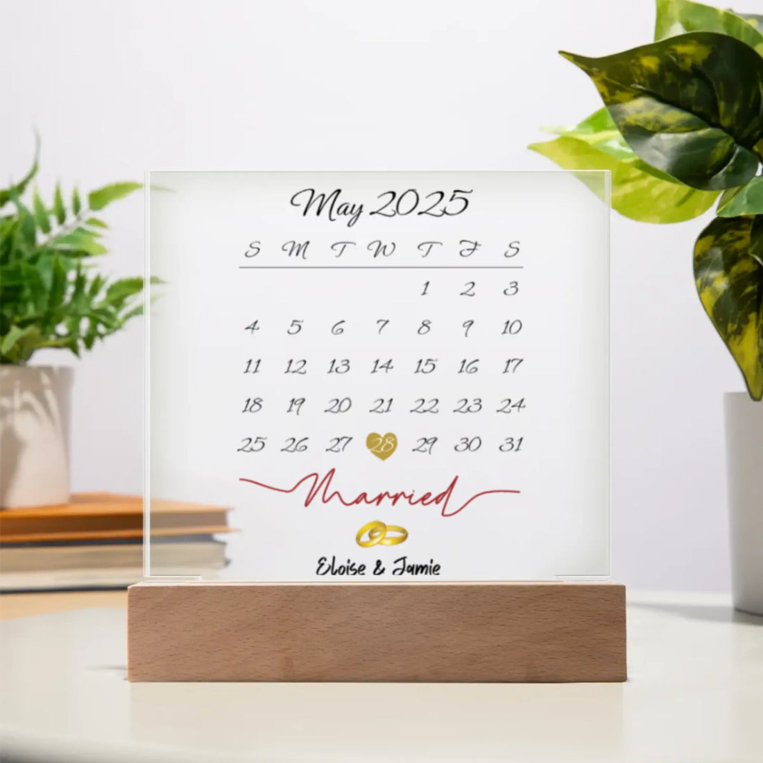 Personalized Wedding Date Acrylic Plaque – “Married” Calendar Keepsake with LED Base shineon