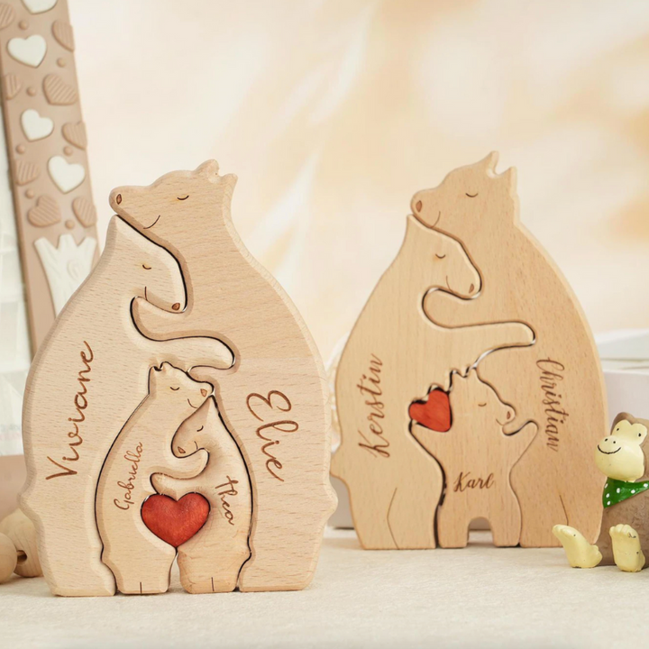 Personalized Wooden Bear Family Puzzle with Heart Details – Featuring Two Bears and Two Cubs