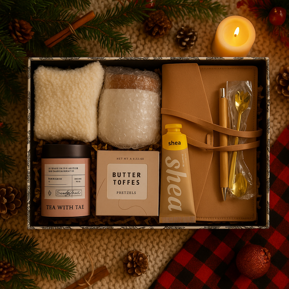 Cozy Moments Holiday Gift Box - Socks, Tea, Cookies, Mug, Hand Cream, Notebook, Pen & Spoon Lichi Gifts