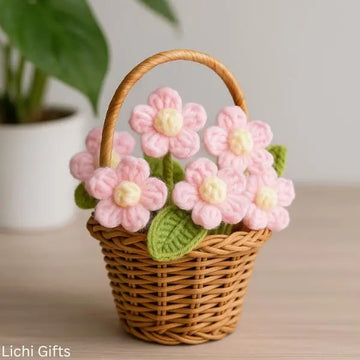 Handmade Woolen Flower – Hook Woven Pottery Pot – Knitted Desktop Gift Decoration For Home Office - Tabletop Style Woolen Bouquet Lichi Gifts