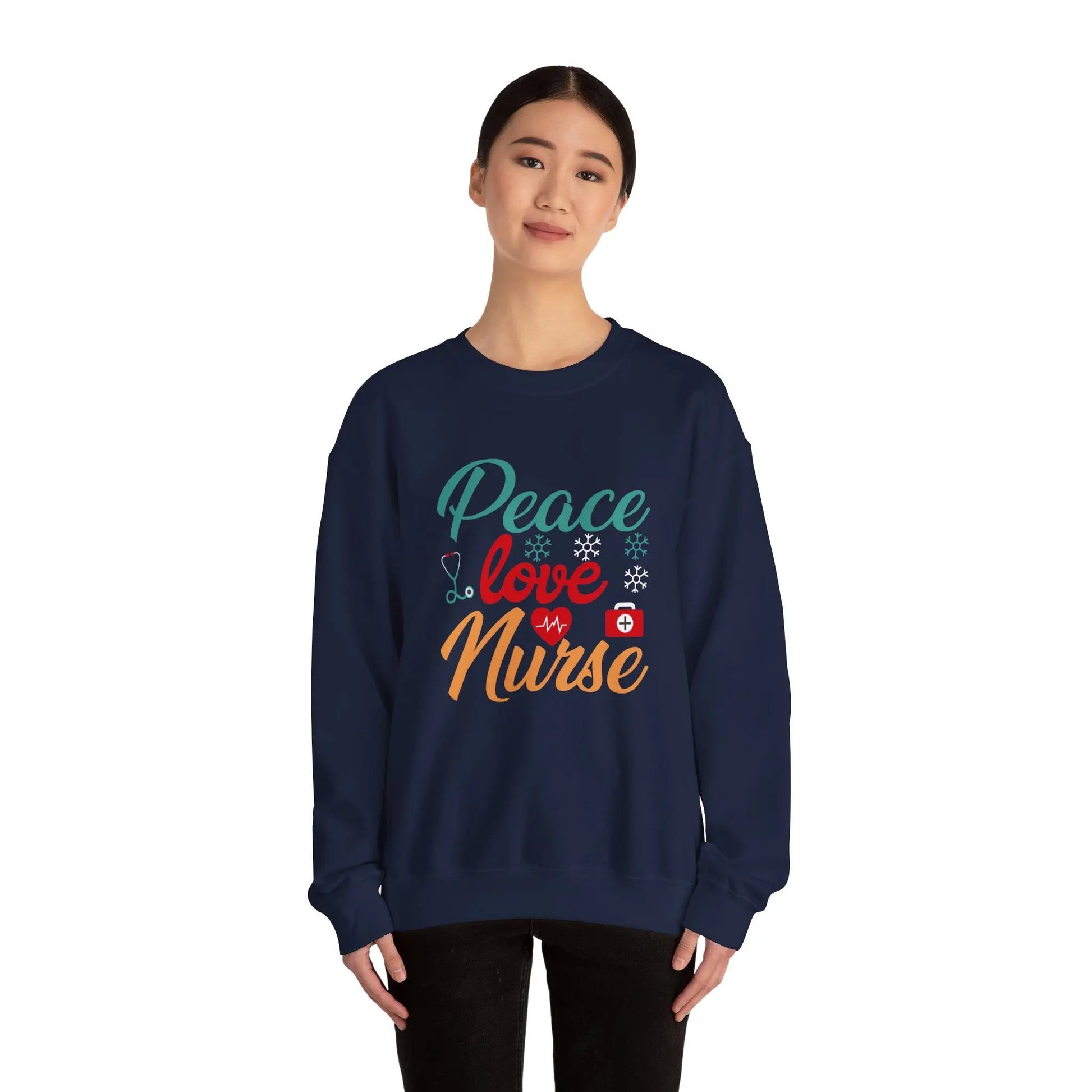 Peace, Love, Nurse Sweatshirt | Unisex Crewneck, Gift for Nurses, Cute Medical Apparel, Holiday Sweatshirt, Nurse Appreciation Printify