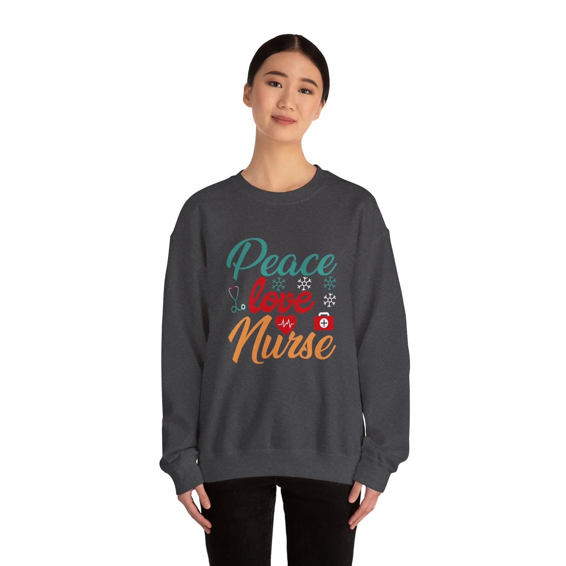 Peace, Love, Nurse Sweatshirt | Unisex Crewneck, Gift for Nurses, Cute Medical Apparel, Holiday Sweatshirt, Nurse Appreciation Printify