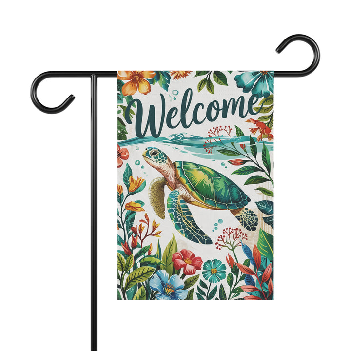 Tropical Welcome Banner for Garden Decor, Floral Housewarming Gift, Outdoor Sign, Summer Decoration, Garden Flag, Turtle Art