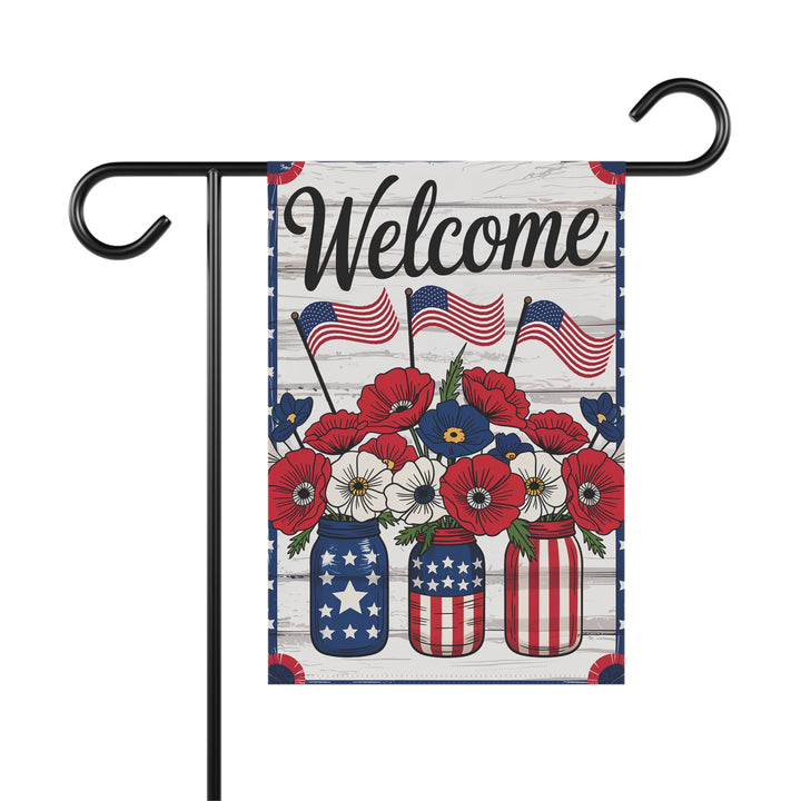 Patriotic Welcome Garden Flag – Red, White & Blue Mason Jar Design