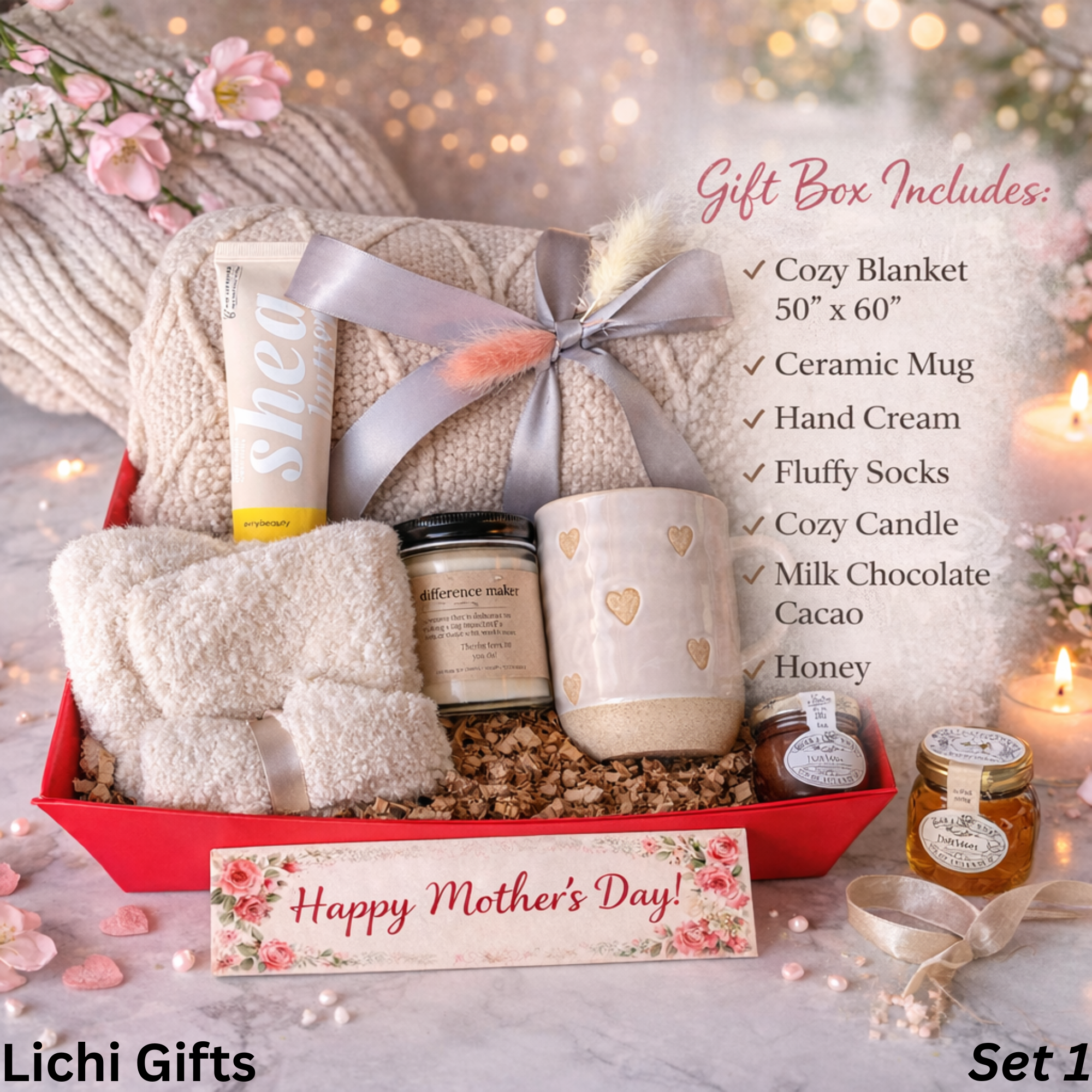 Mothers Day Gift Box for Mom, Gift Basket from Daughter or Son, Cozy Set Blanket Candle Mug, Care Package, Happy Mothers Day Gift Lichi Gifts
