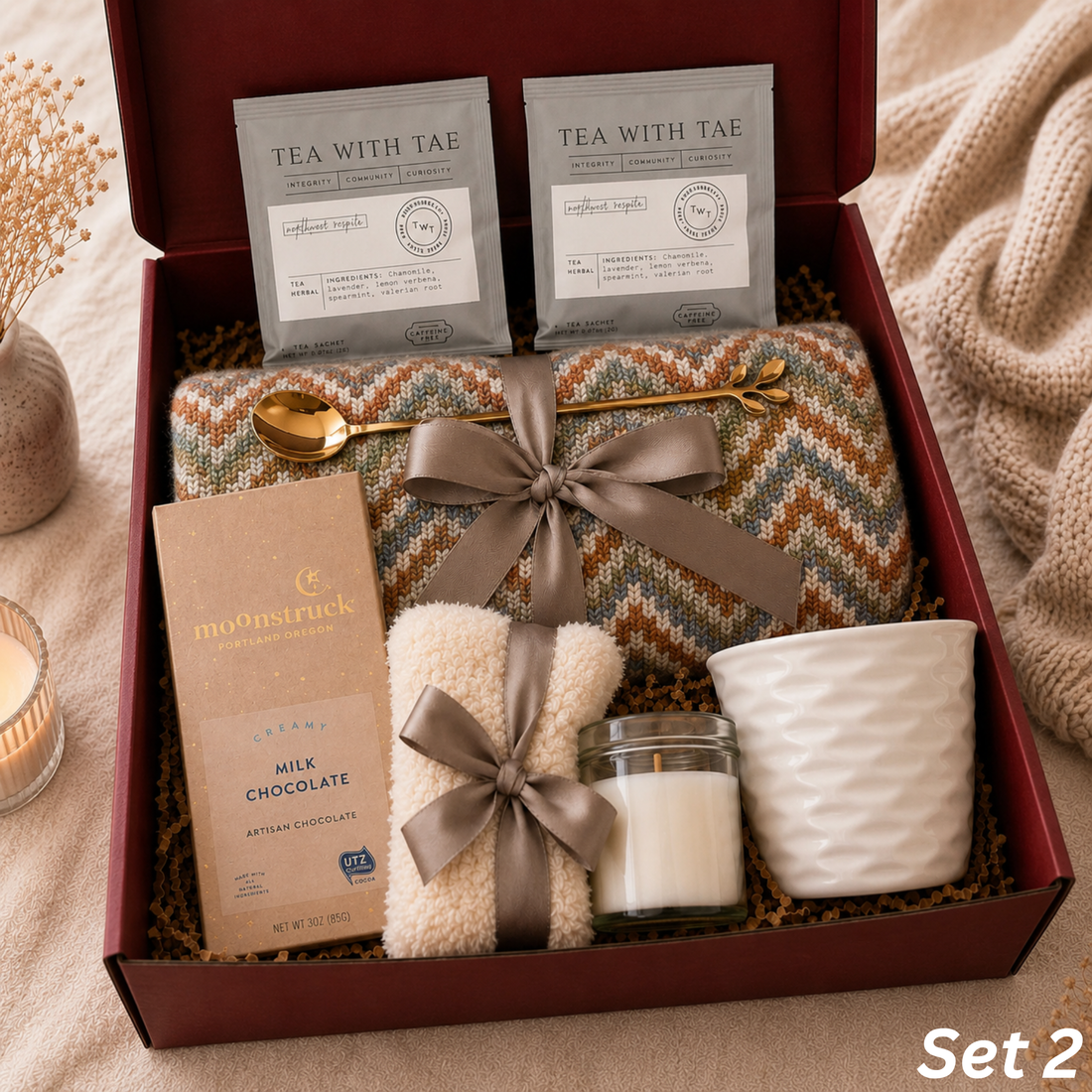 Cozy Care Gift Box — Sage Chevron Comfort & Relaxation Set Lichi Gifts