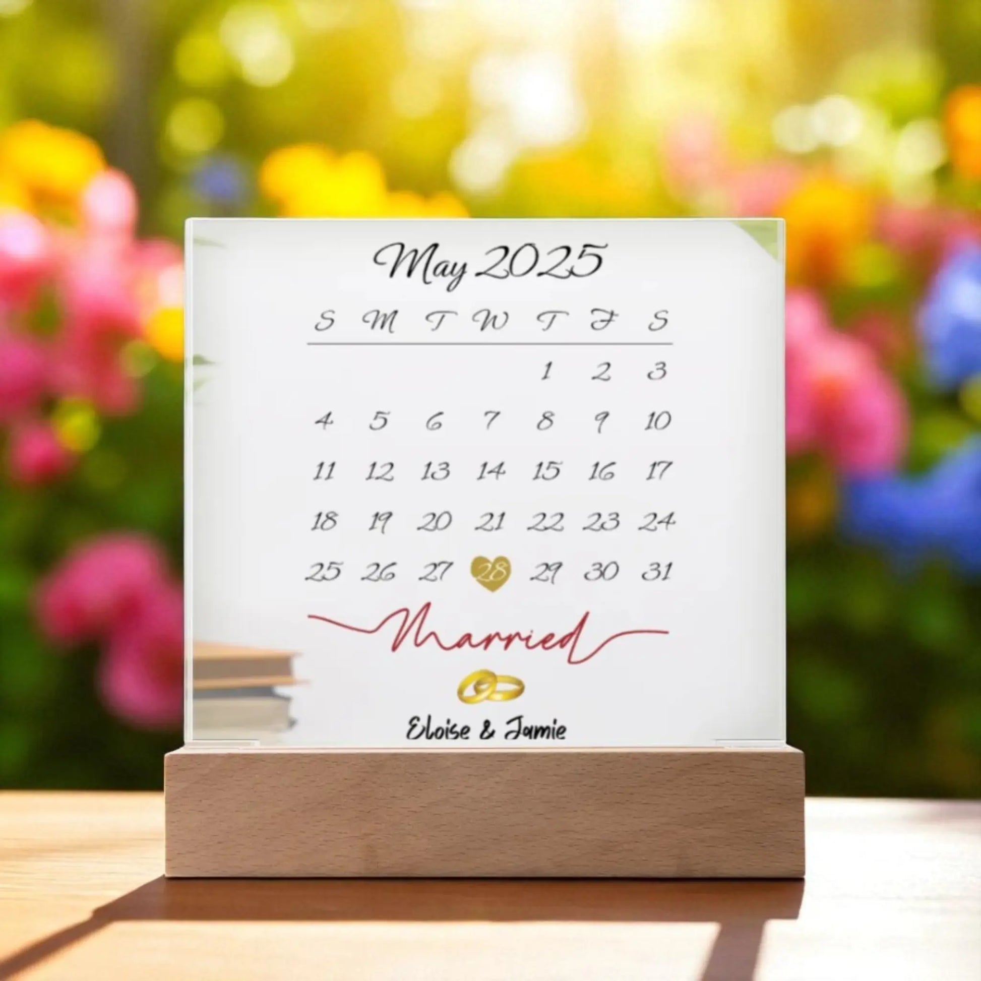 Personalized Wedding Date Acrylic Plaque – “Married” Calendar Keepsake with LED Base shineon