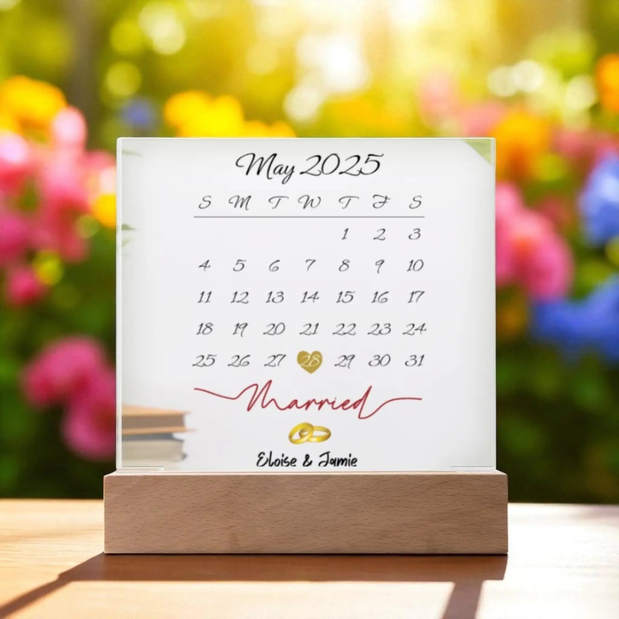 Personalized Wedding Date Acrylic Plaque – “Married” Calendar Keepsake with LED Base shineon
