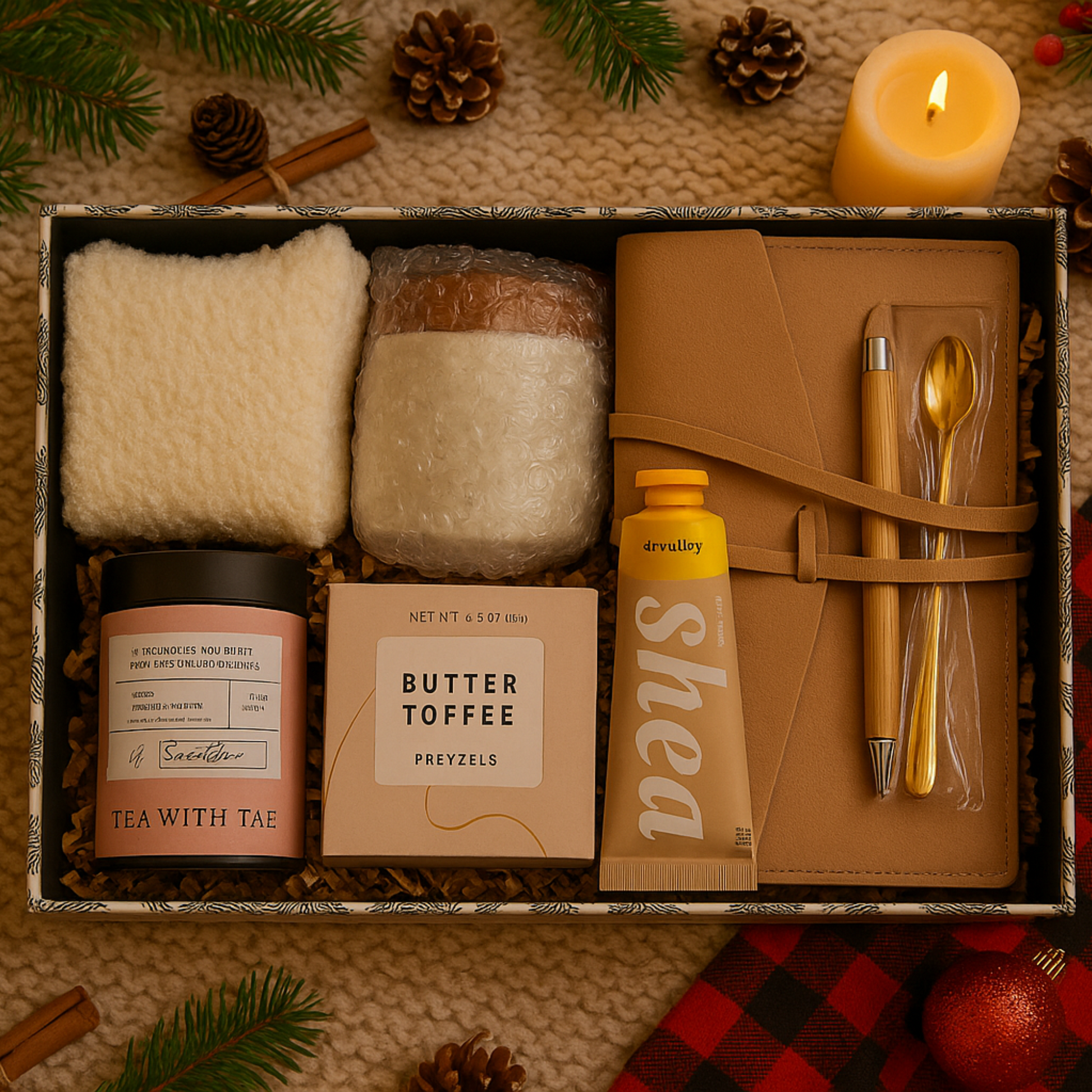 Cozy Moments Holiday Gift Box - Socks, Tea, Cookies, Mug, Hand Cream, Notebook, Pen & Spoon Lichi Gifts