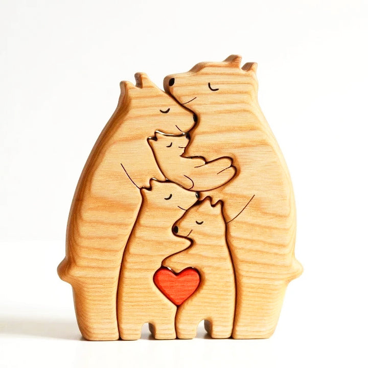 Personalized Wooden Bear Family Puzzle – Featuring Two Bears, Three Cubs, and Heart-Shaped Accents