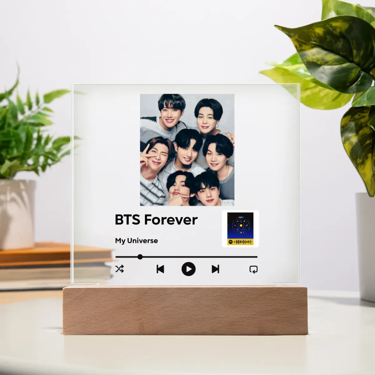 Custom K-Pop Acrylic Music Plaque with Spotify Code – Personalized Idol Photo Stand with LED Base shineon