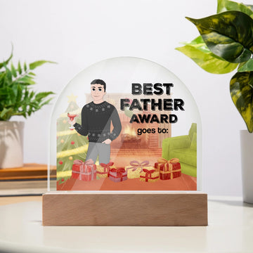 Best Father Award Christmas Dome Plaque – Personalized Holiday Gift with Cartoon Dad & Fireplace Scene