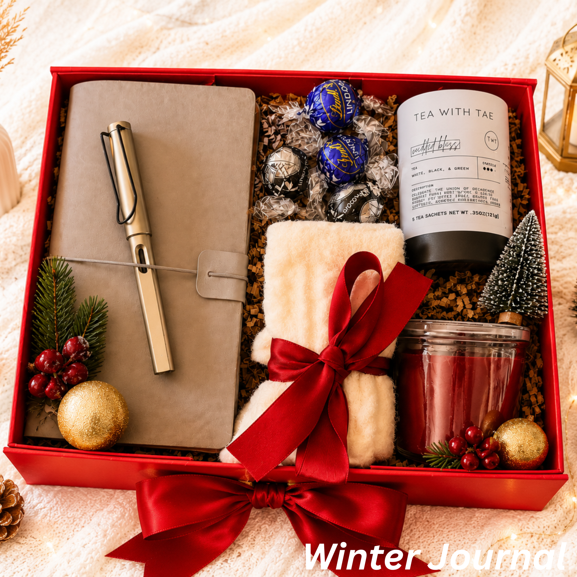 Winter Journal Gift Box – Tea, Chocolates, Candle & Cozy Socks