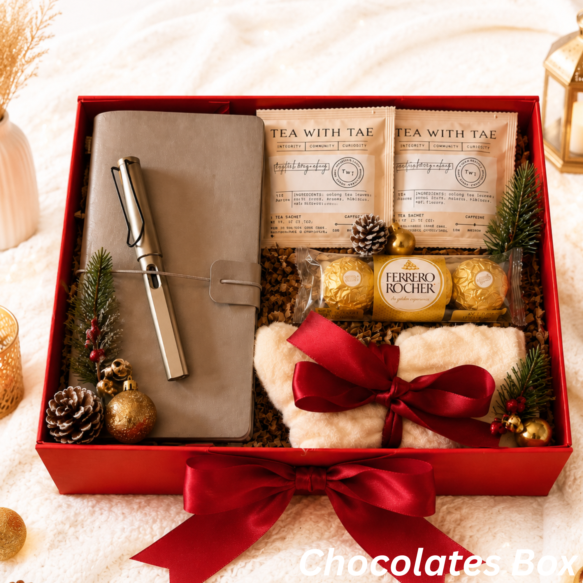 Holiday Journal Gift Box – Tea, Chocolates & Cozy Socks