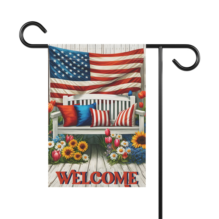Patriotic Garden Welcome Flag – Americana Bench & Flowers