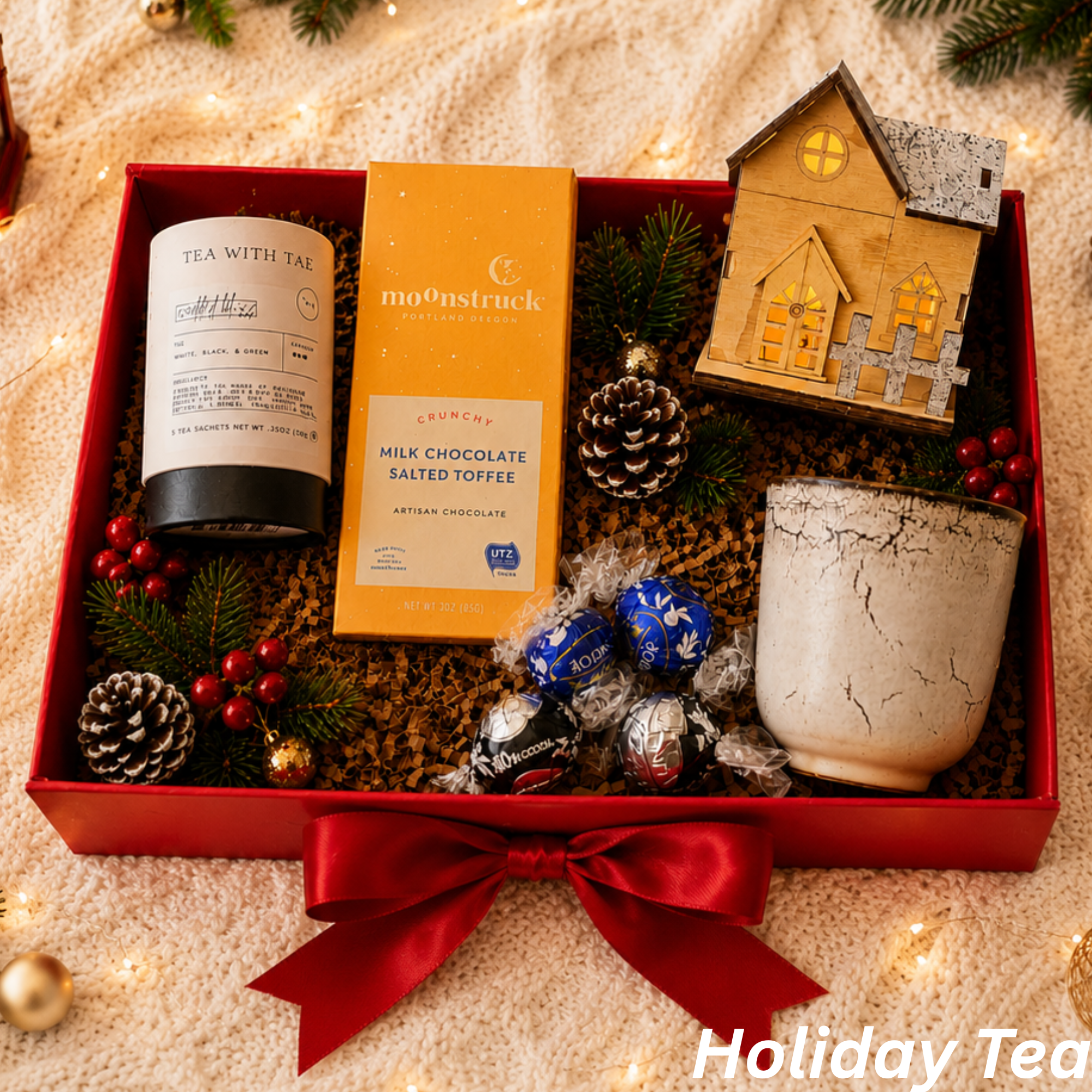 Holiday Tea Gift Box – Tea, Chocolate & Light-Up House