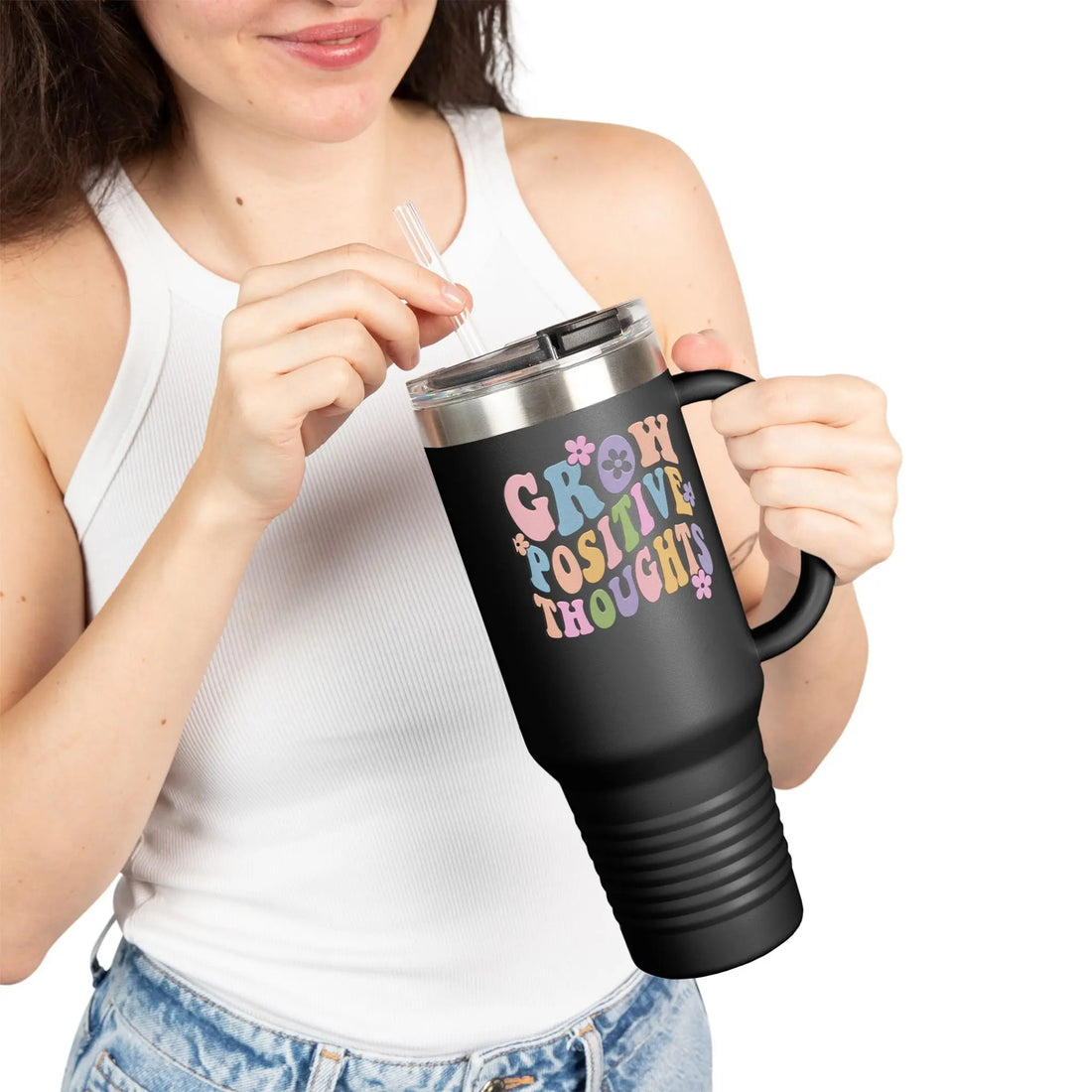 Vibrant Insulated Travel Mug, 40oz - Grow Positive Thoughts, Fun Gift for Coffee Lovers, Stylish to Go Cup, Perfect for Holidays Printify
