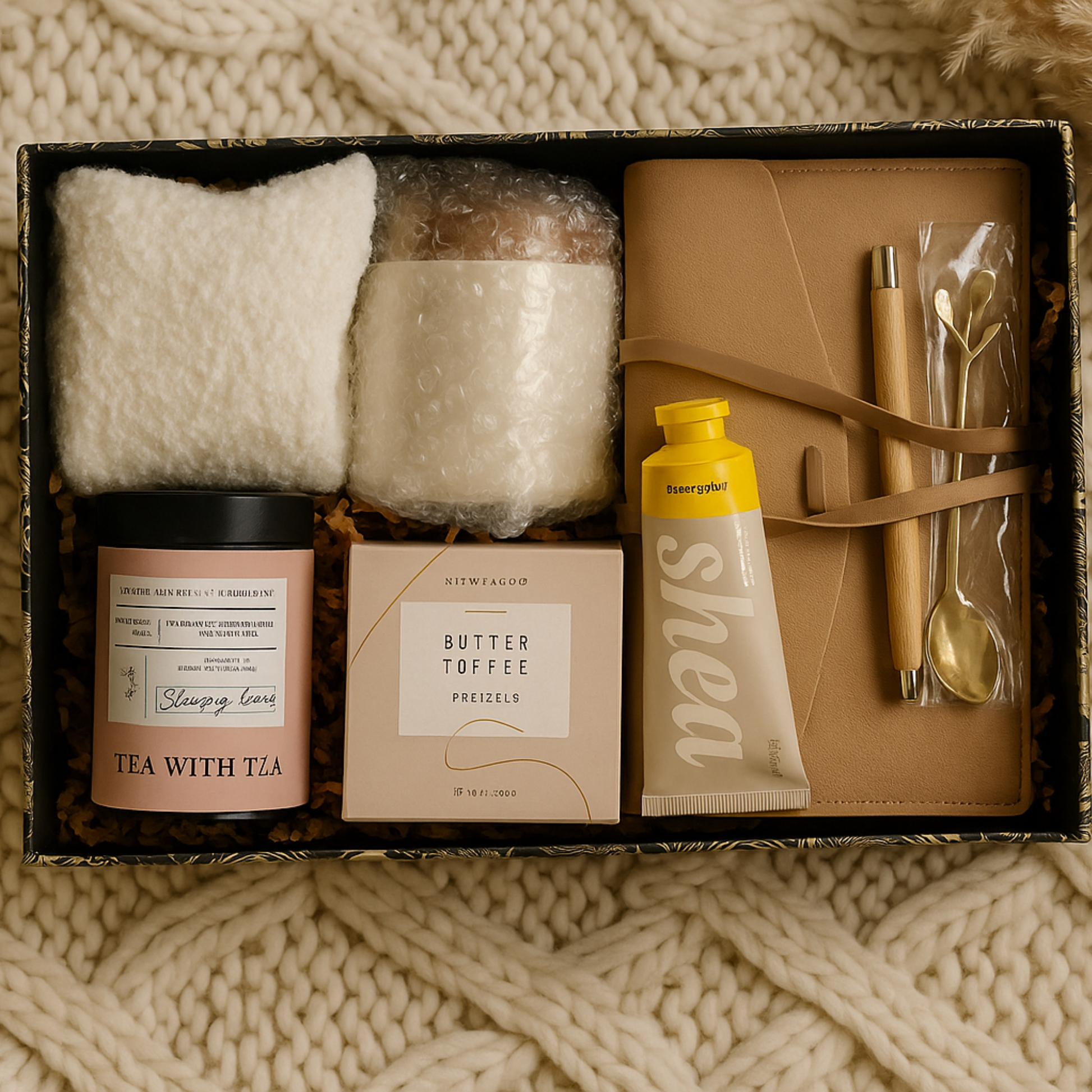 Cozy Moments Holiday Gift Box - Socks, Tea, Cookies, Mug, Hand Cream, Notebook, Pen & Spoon Lichi Gifts