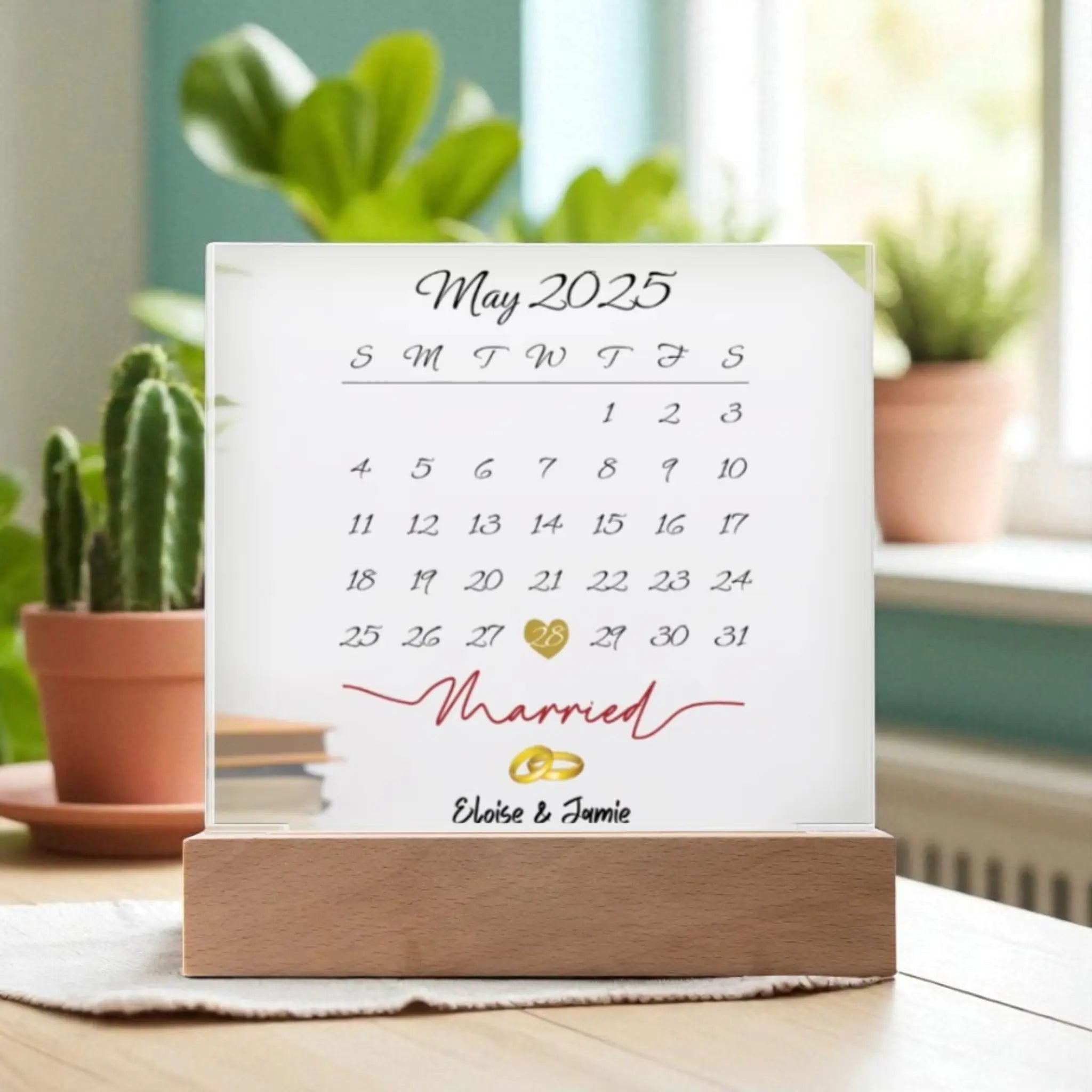 Personalized Wedding Date Acrylic Plaque – “Married” Calendar Keepsake with LED Base shineon