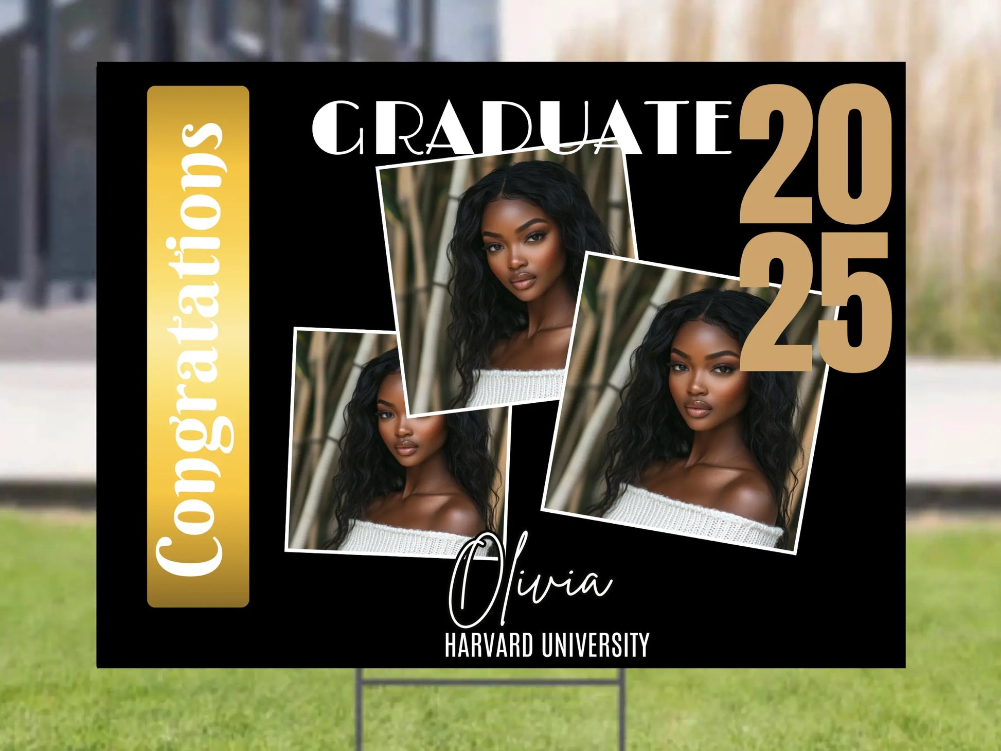 Custom Graduation Yard Sign – Elegant Black and Gold Photo Collage Design Lichi Gifts