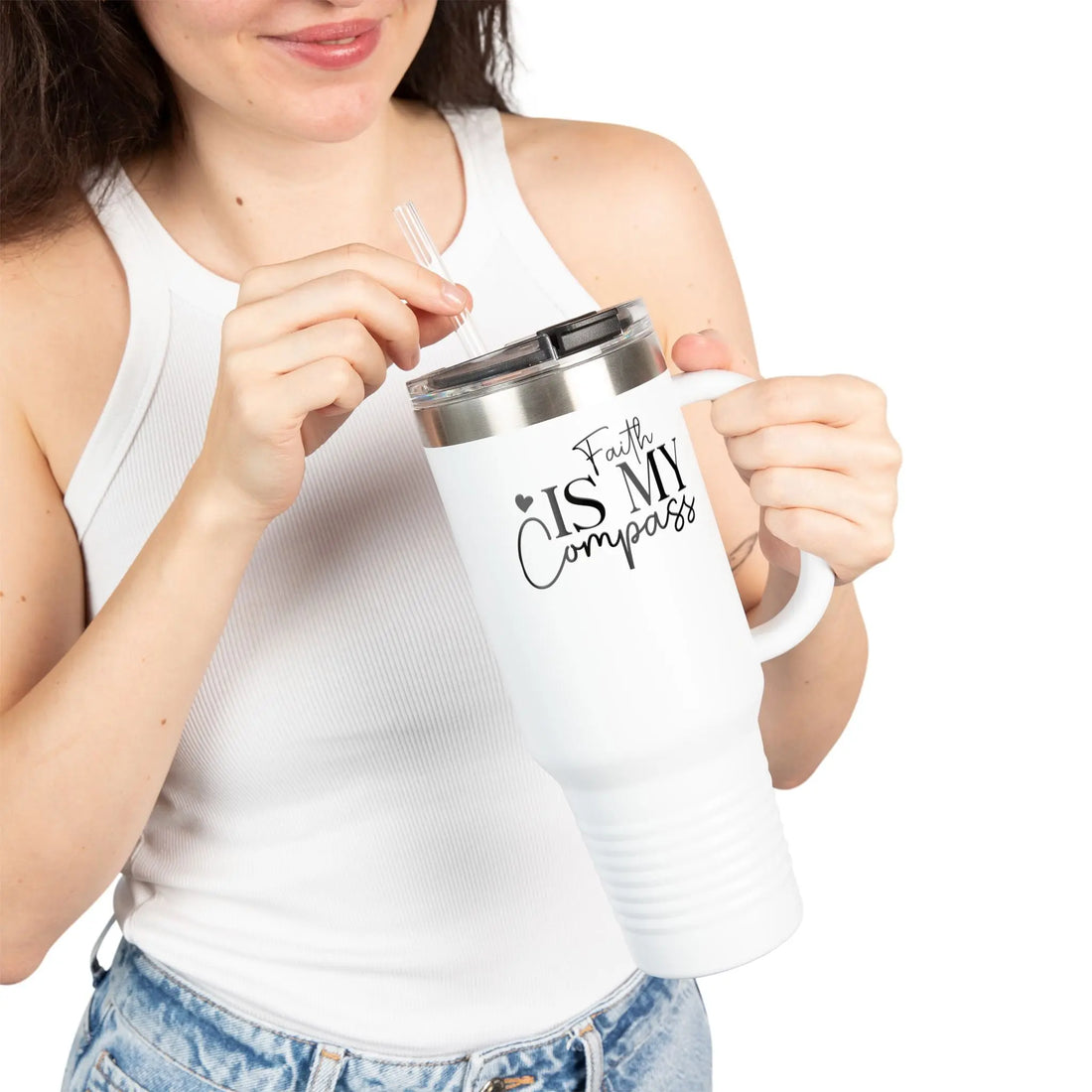 Faith is My Compass, Insulated Travel Mug, 40oz – Motivational Drinkware for Faith Lovers, Family Gifts, Outdoor Adventures, Travel [...] Printify