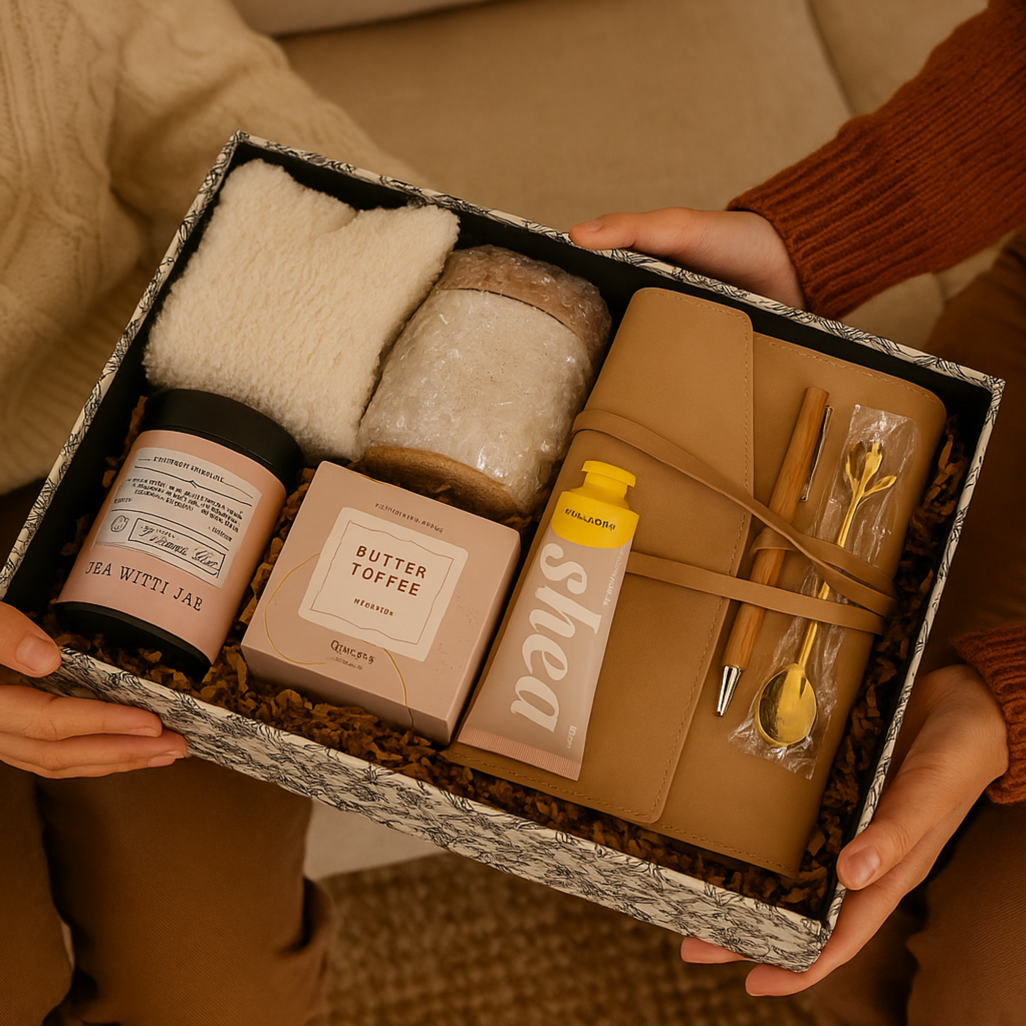 Cozy Moments Holiday Gift Box - Socks, Tea, Cookies, Mug, Hand Cream, Notebook, Pen & Spoon Lichi Gifts
