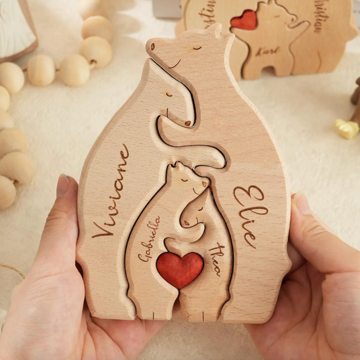 Personalized Wooden Bear Family Puzzle with Heart Details – Featuring Two Bears and Two Cubs