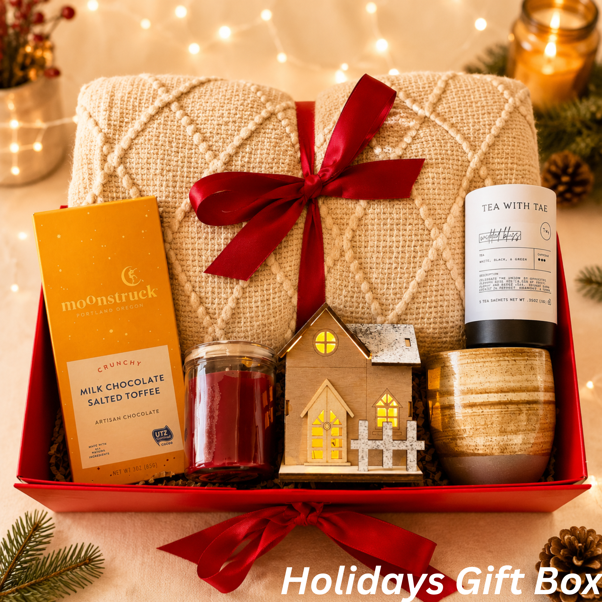 Holiday Tea Gift Box – Cozy Blanket, Chocolate & Candle