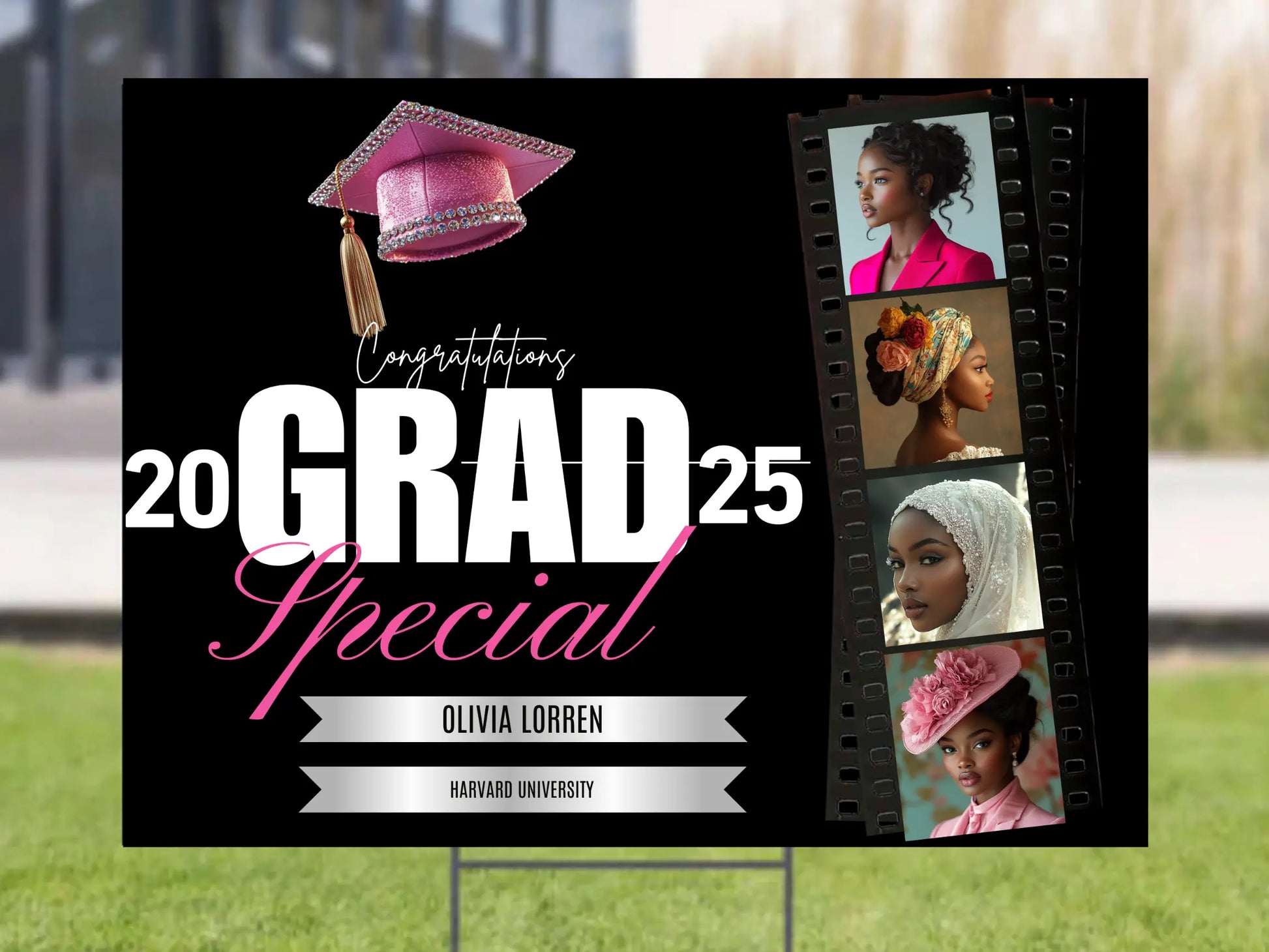 Personalized Graduation Yard Sign - Elegant Pink and Black Filmstrip Design Lichi Gifts