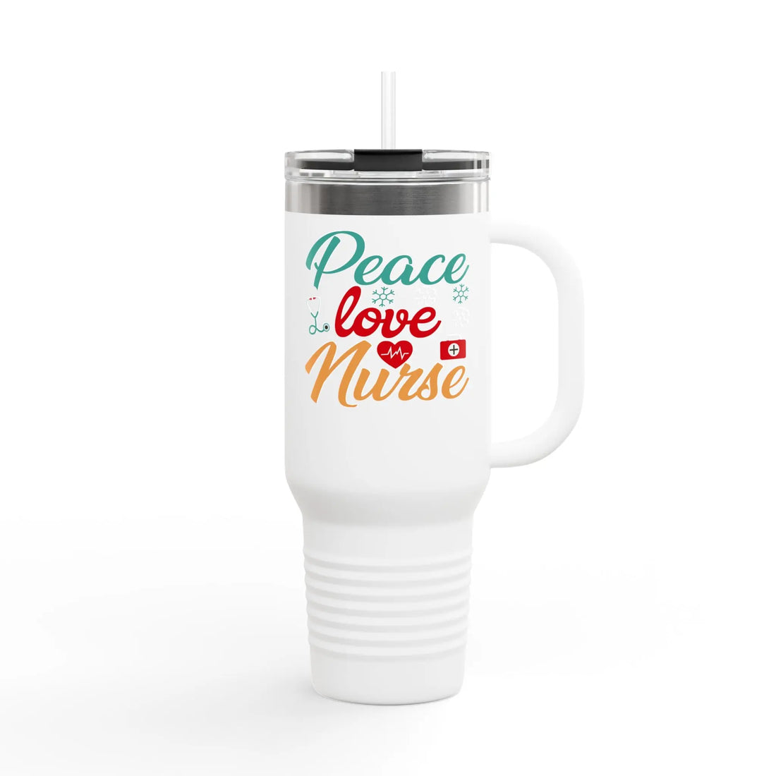 Nurse Insulated Travel Mug - Peace, Love, Nurse, 40oz Coffee Tumbler, Gift for Nurses, Healthcare Appreciation, Travel Mug for Work, [...] Printify