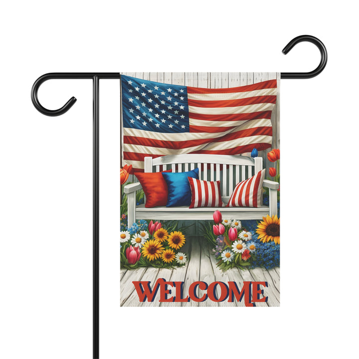 Patriotic Garden Welcome Flag – Americana Bench & Flowers